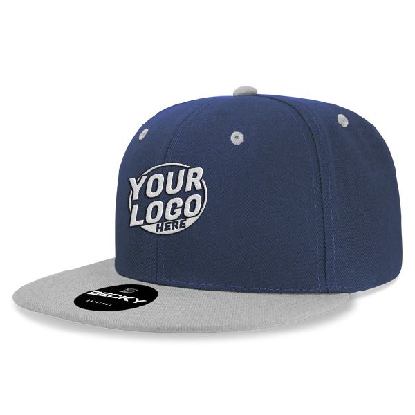 6020 Baseball 6 Panel High Profile Structured Acrylic / Polyester Flat Bill Snap Back Navy Blue Gray Hat 560