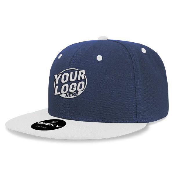 6020 Baseball 6 Panel High Profile Structured Acrylic / Polyester Flat Bill Snap Back Navy Blue White Hat 562