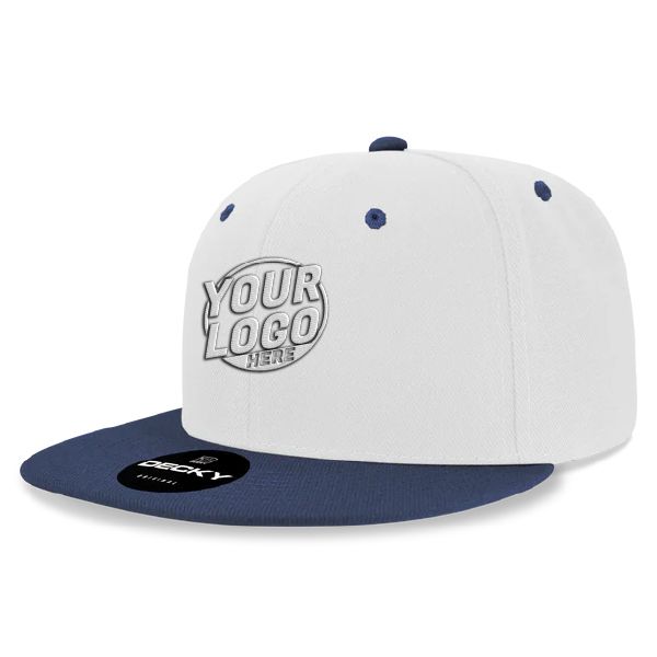 6020 Baseball 6 Panel High Profile Structured Acrylic / Polyester Flat Bill Snap Back White Navy Blue Hat 582