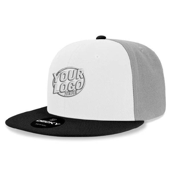 6020 Baseball 6 Panel High Profile Structured Acrylic / Polyester Flat Bill Snap Back Black White Grey Hat 586