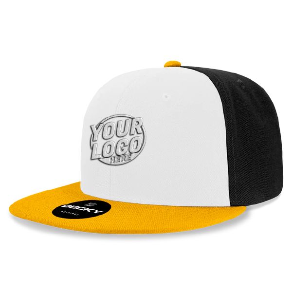 6020 Baseball 6 Panel High Profile Structured Acrylic / Polyester Flat Bill Snap Back Gold White Black Hat 588