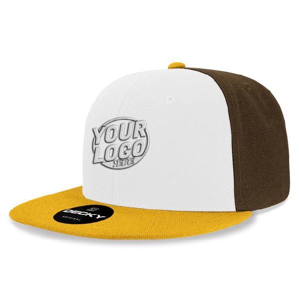 6020 Baseball 6 Panel High Profile Structured Acrylic / Polyester Flat Bill Snap Back Gold White Brown Hat 590