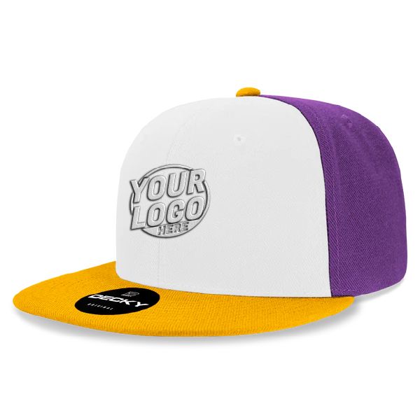 6020 Baseball 6 Panel High Profile Structured Acrylic / Polyester Flat Bill Snap Back Gold White Purple Hat 592