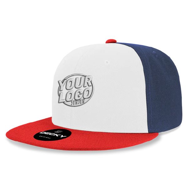 6020 Baseball 6 Panel High Profile Structured Acrylic / Polyester Flat Bill Snap Back Red White Navy Hat 594