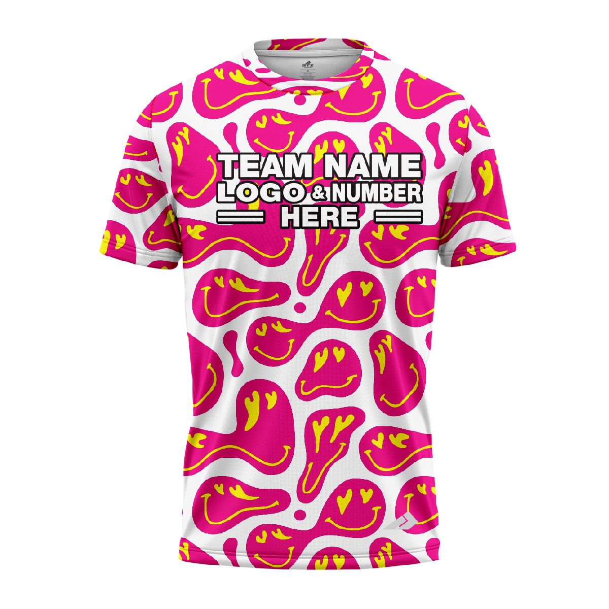 Custom Fully Sublimated Energetic Smiles Tie Dye Pattern Pink Yellow White Performance Jersey 4205