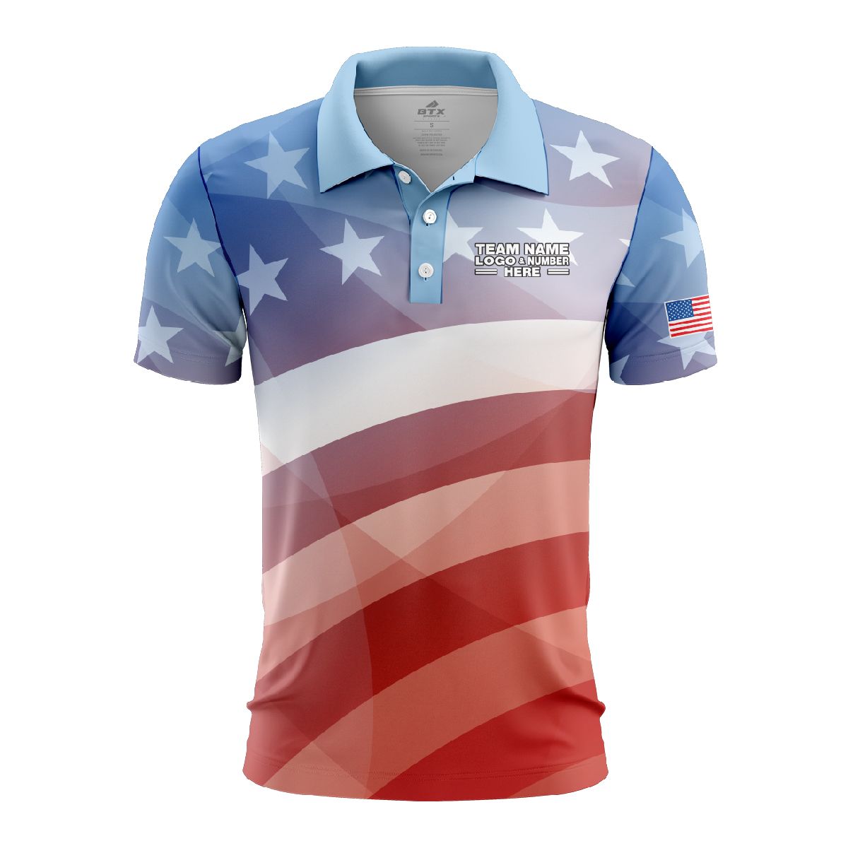 Custom Fully Sublimated USA FLAG Faded Pattern Blue Red White Performance Polo Shirt 4352