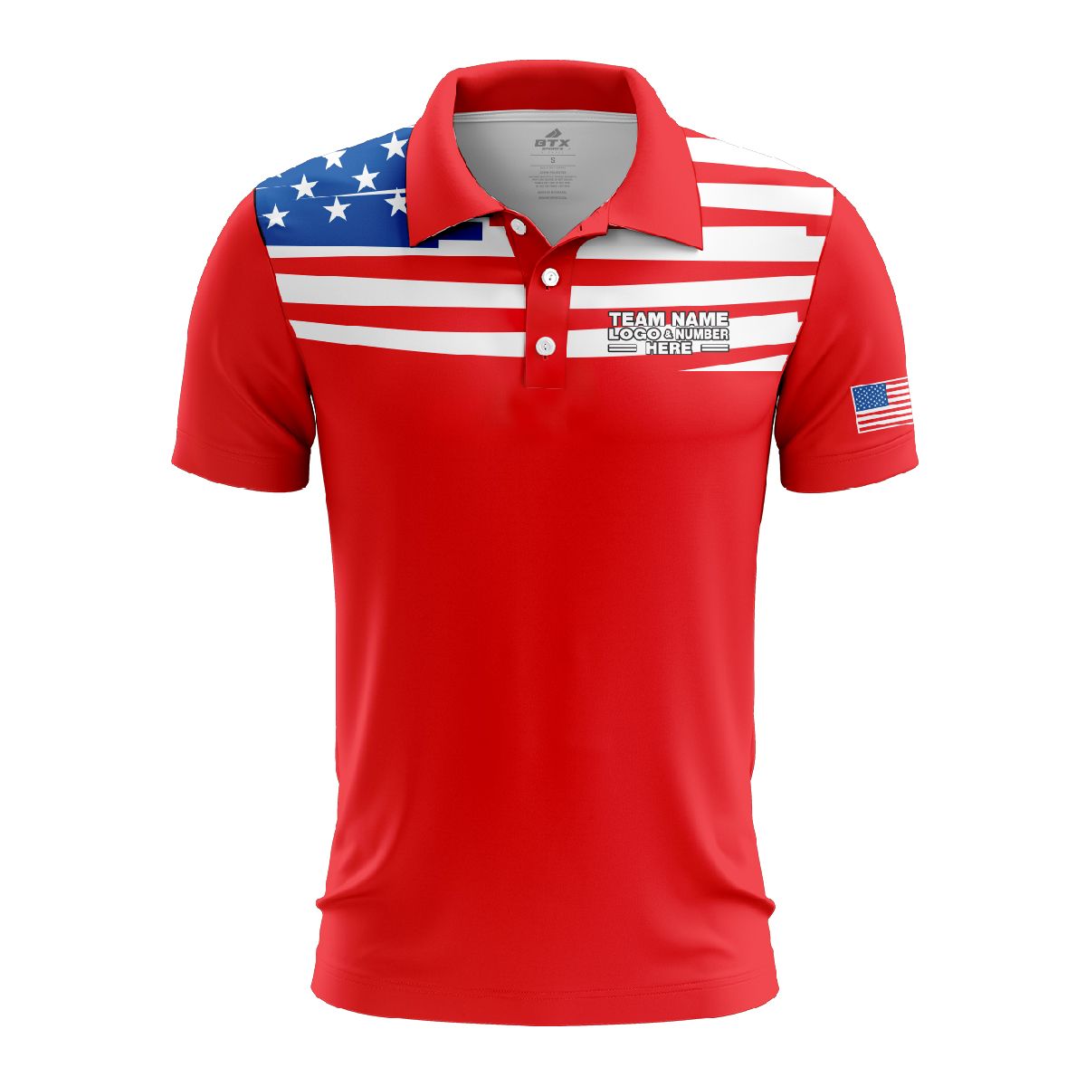 Custom Fully Sublimated USA FLAG on Chest Pattern Blue Red White Performance Polo Shirt 4359