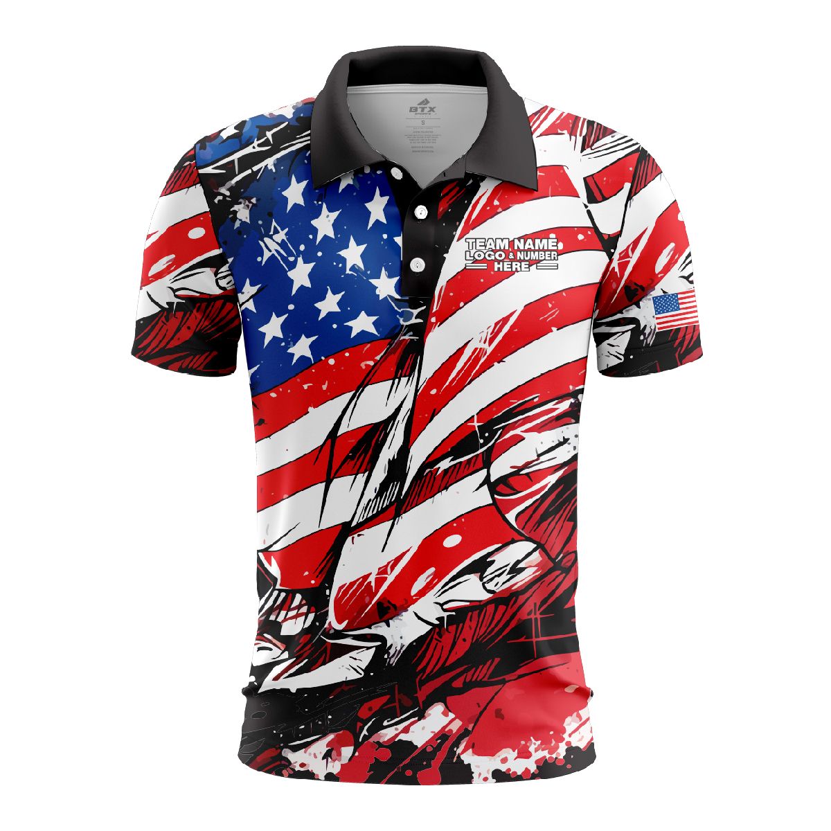 Custom Fully Sublimated USA FLAG Incredible Pattern Blue Red White Performance Polo Shirt 4366