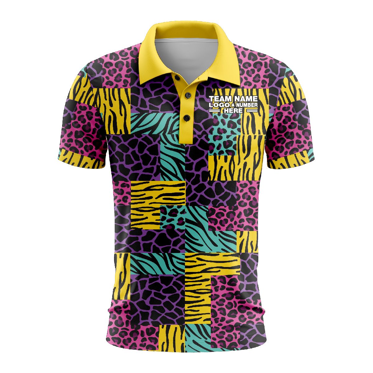 Custom Fully Sublimated Mixed Animal Print Yellow Purple Pink Teal Performance Polo Shirt 4387