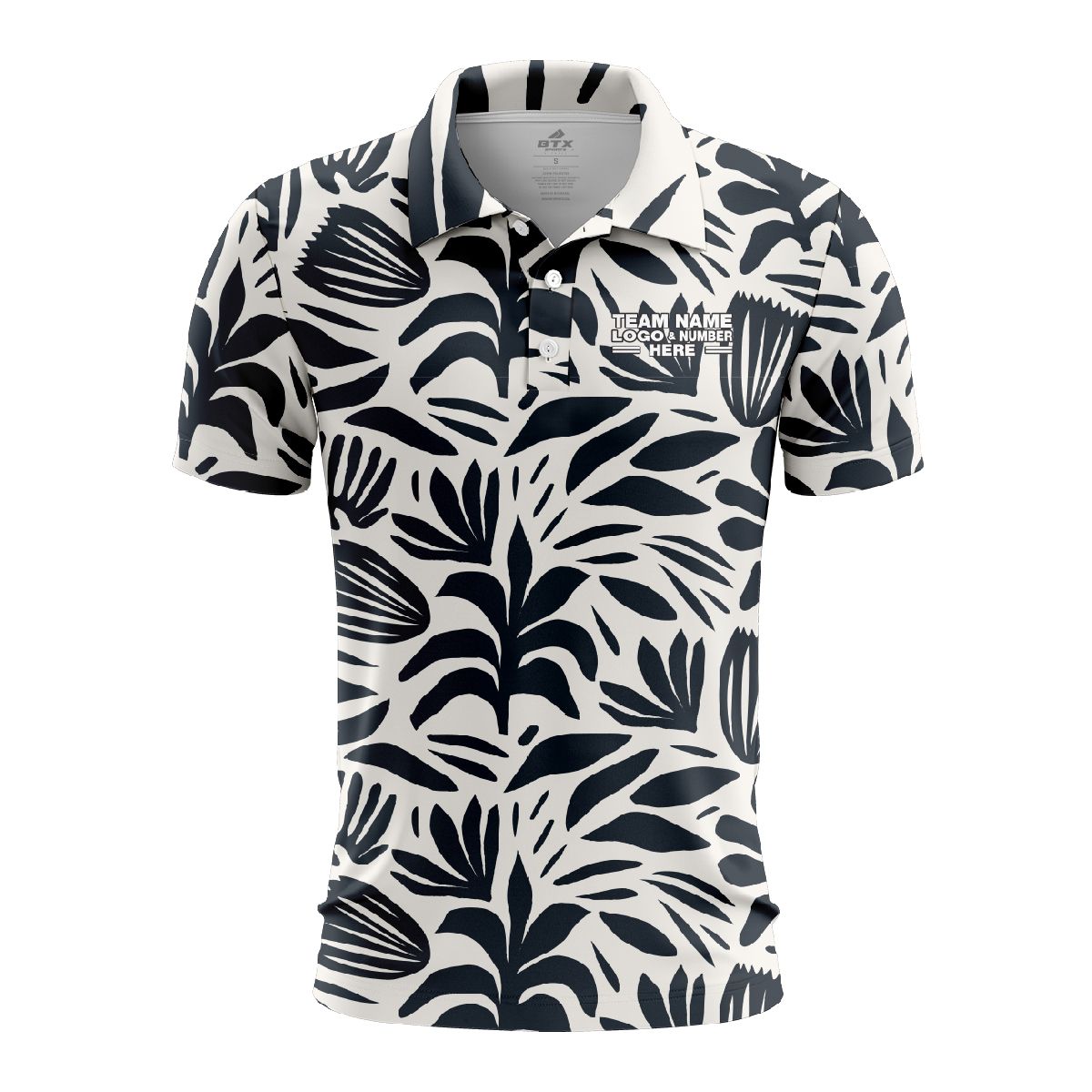 Custom Fully Sublimated Botanical Floral Pattern Black White Performance Polo Shirt 4457