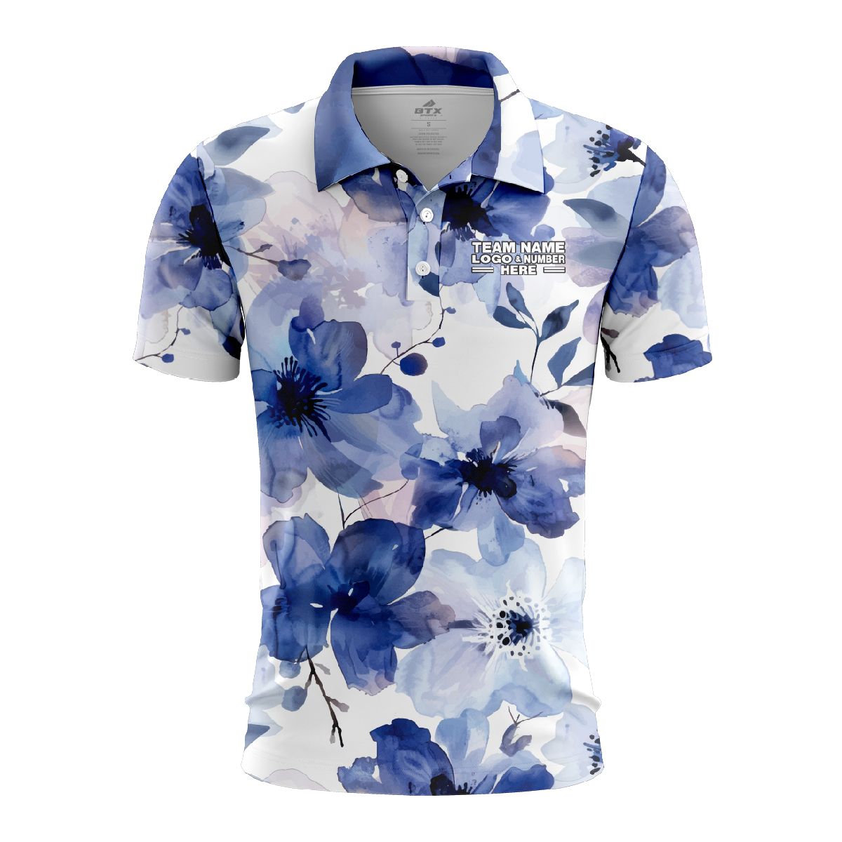 Custom Fully Sublimated Blue Blossom Floral Pattern Blue White Performance Polo Shirt 4464