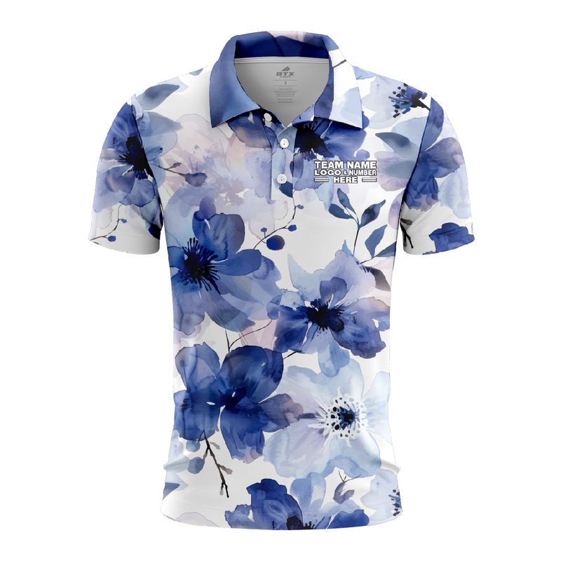 Custom Fully Sublimated Blue Blossom Floral Pattern Blue White Performance Polo Shirt 4464
