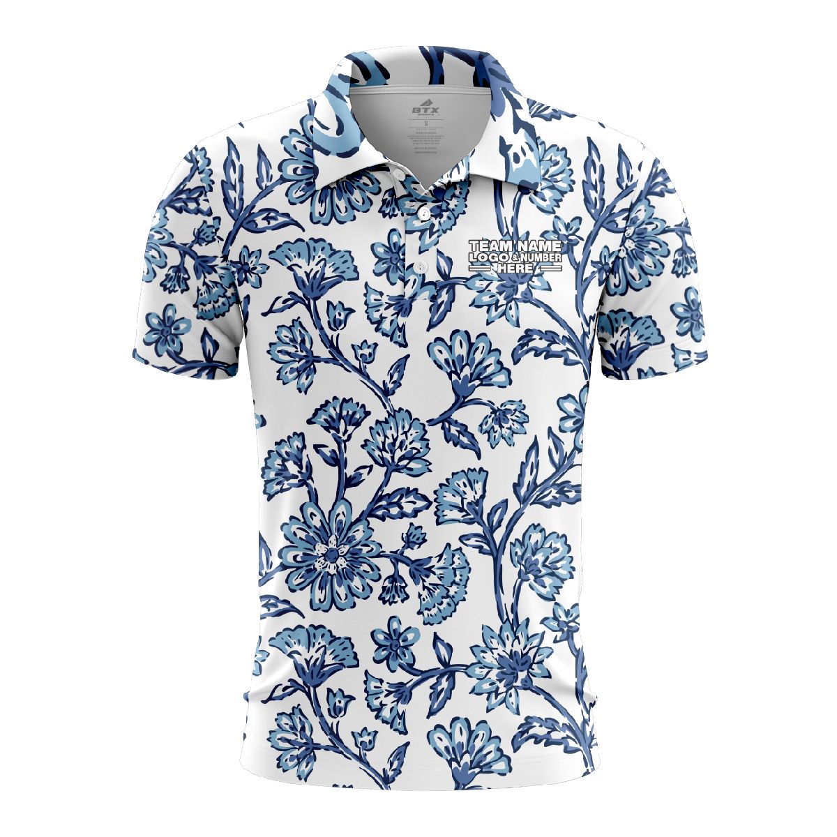 Custom Fully Sublimated Watercolor Floral Pattern Blue White Performance Polo Shirt 4471