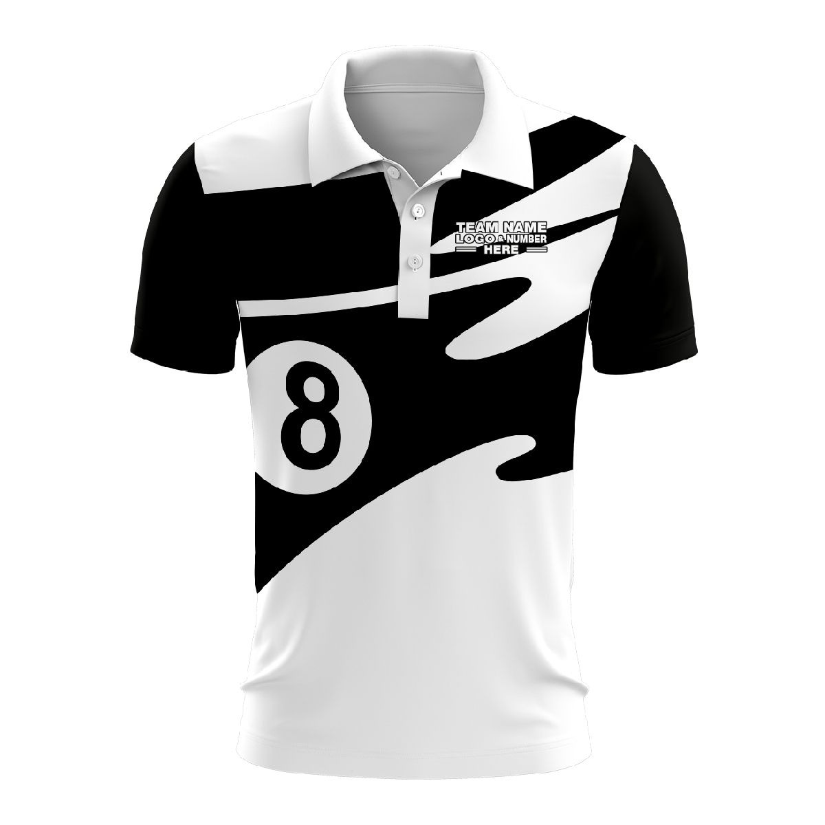 Custom Fully Sublimated Number Eight Pool Ball Pattern Black and White Performance Polo Shirt 4527