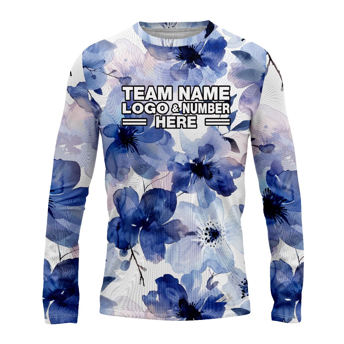 Custom Fully Sublimated Blue Blossom Floral Pattern Blue White Performance Long Sleeves 4812