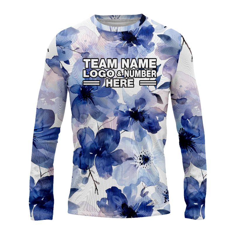 Custom Fully Sublimated Blue Blossom Floral Pattern Blue White Performance Long Sleeves 4812