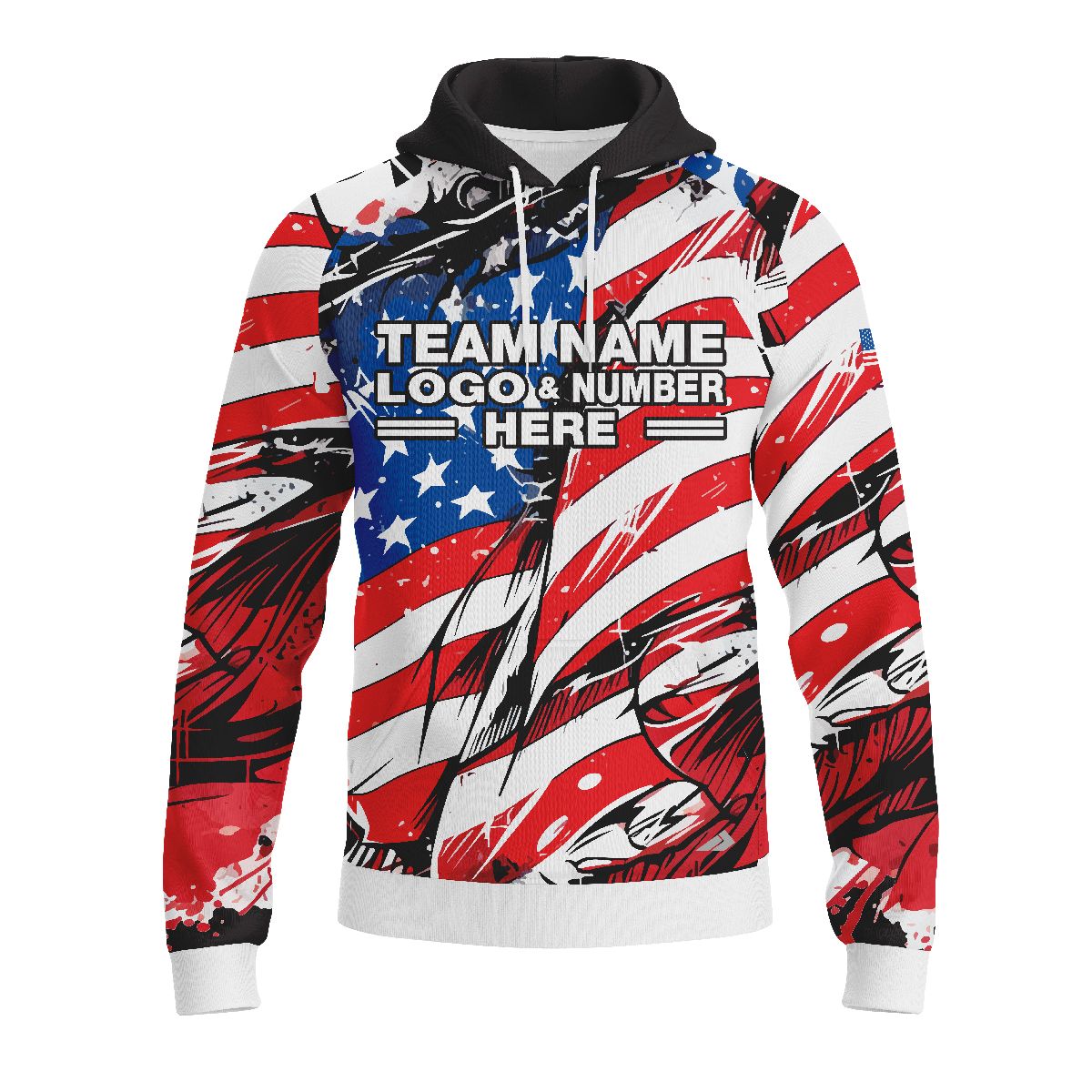 Custom Fully Sublimated USA FLAG Incredible Pattern Blue Red White Performance Sports Pullover Hoodie 5156