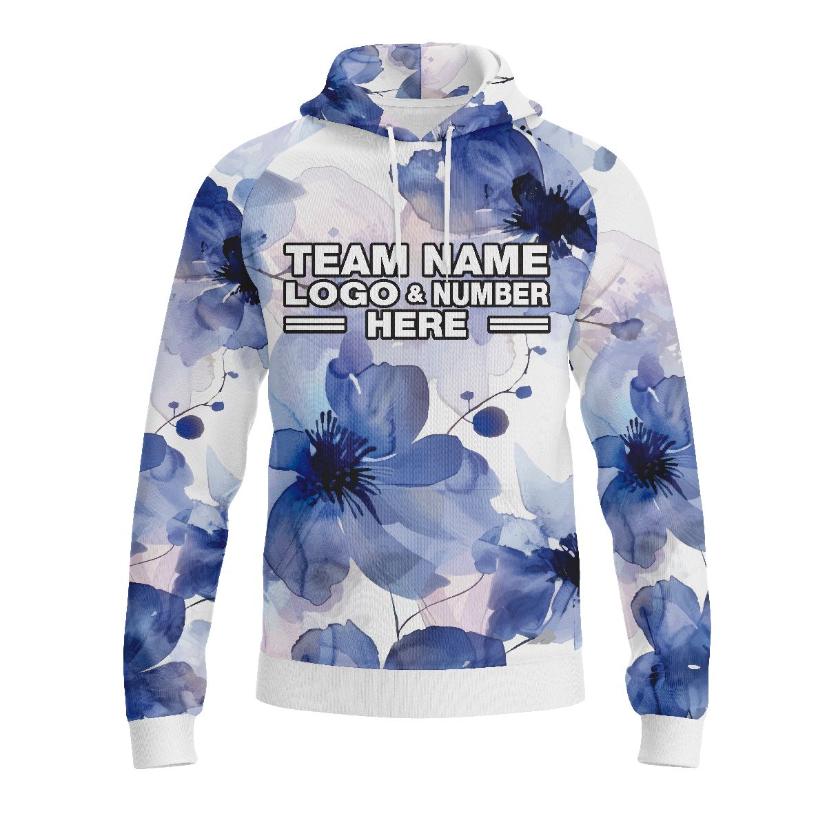 Custom Fully Sublimated Blue Blossom Floral Pattern Blue White Performance Sports Pullover Hoodie 5174