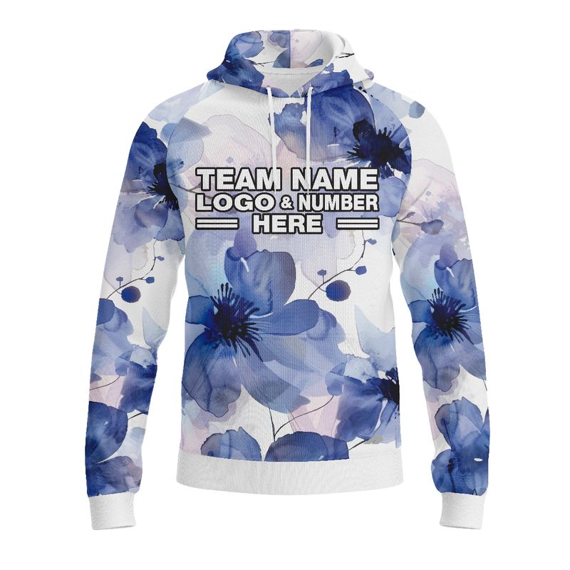 Custom Fully Sublimated Blue Blossom Floral Pattern Blue White Performance Sports Pullover Hoodie 5174