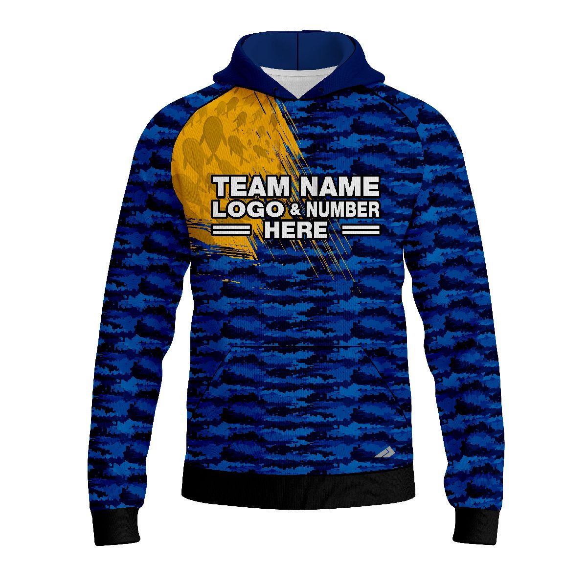 Custom Fully Sublimated Marine Fishing Pattern Blue Yellow Performance Sports Pullover Hoodie 5204