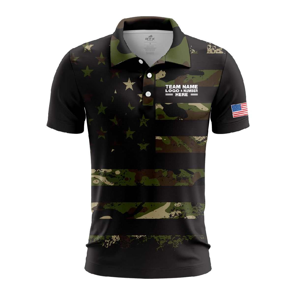 Custom Fully Sublimated USA FLAG Camo Pattern Black Performance Polo Shirt 5696