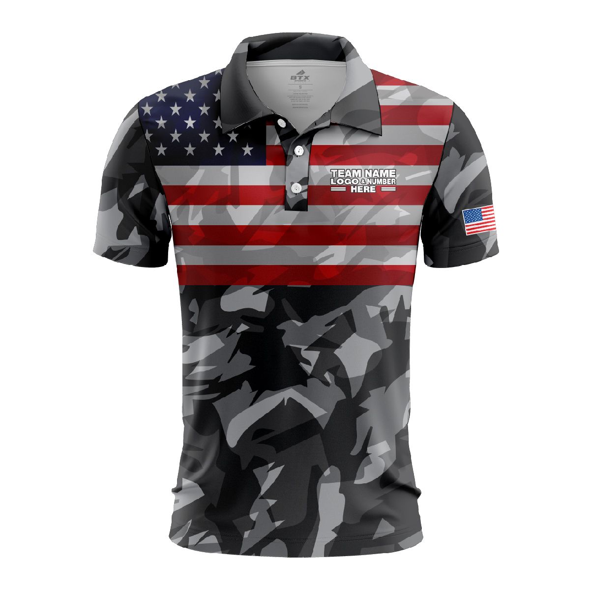 Custom Fully Sublimated USA FLAG on Chest Camo Pattern Black Red Blue White Performance Polo Shirt 5702