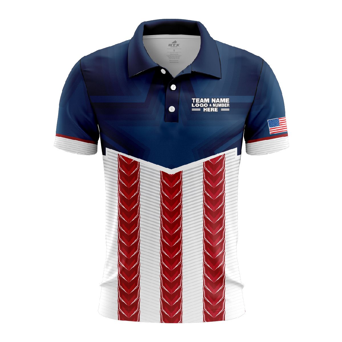 Custom Fully Sublimated USA FLAG Strong Pattern Red Dark Blue White Performance Polo Shirt 5714