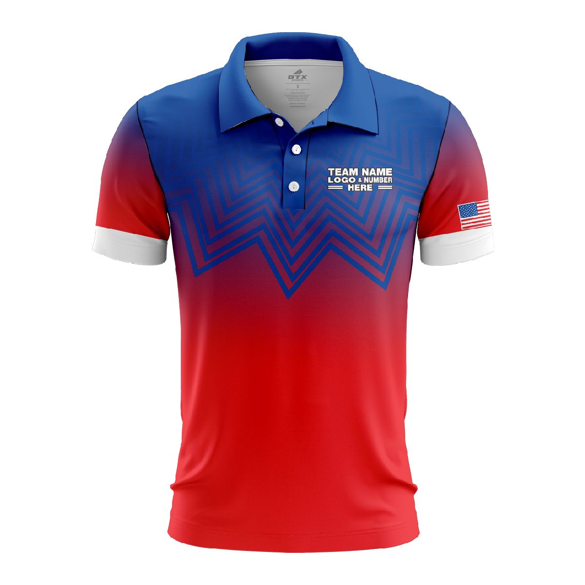 Custom Fully Sublimated USA FLAG Spikes Pattern Red Blue White Performance Polo Shirt 5708