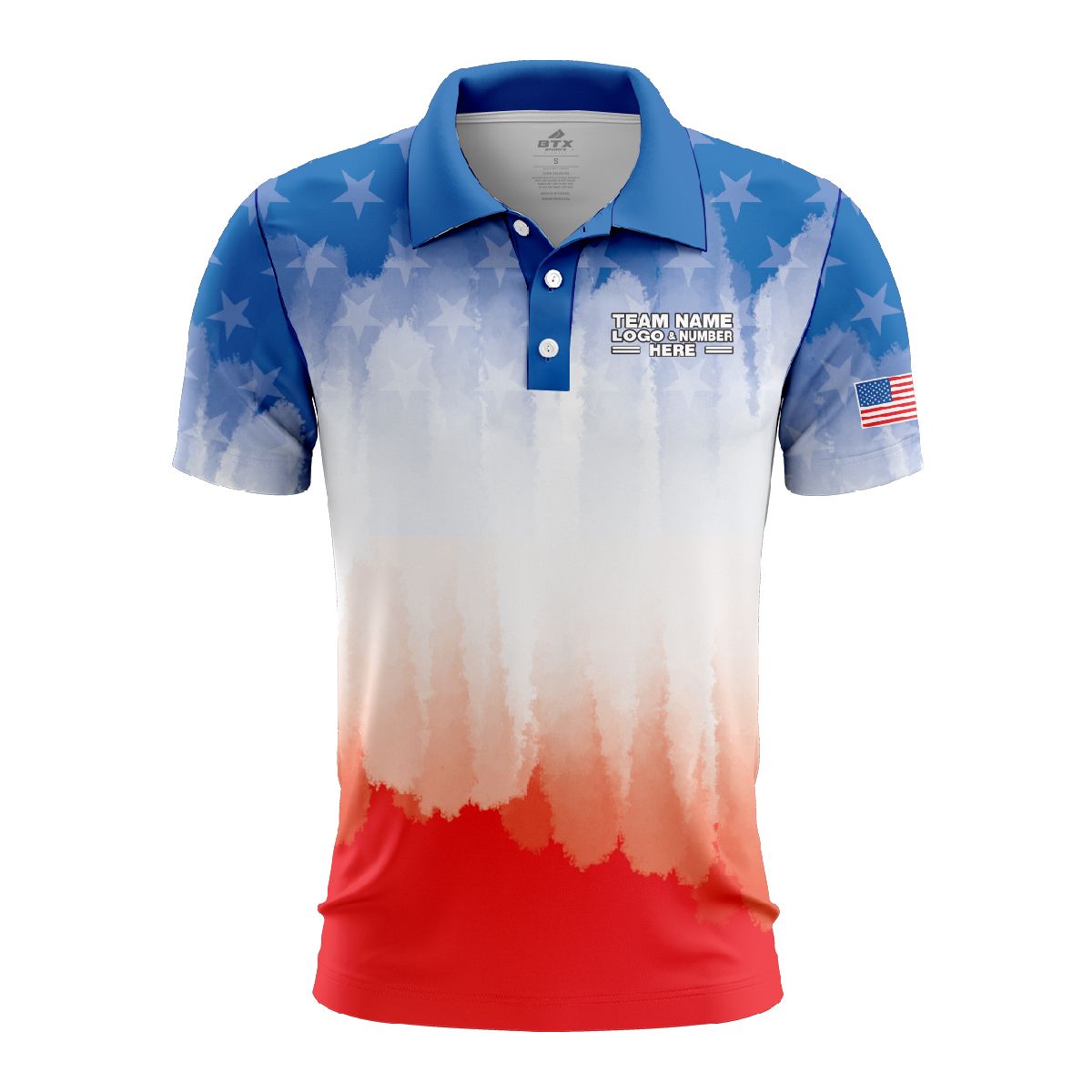 Custom Fully Sublimated USA FLAG Brushes Pattern Red Blue White Performance Polo Shirt 5734