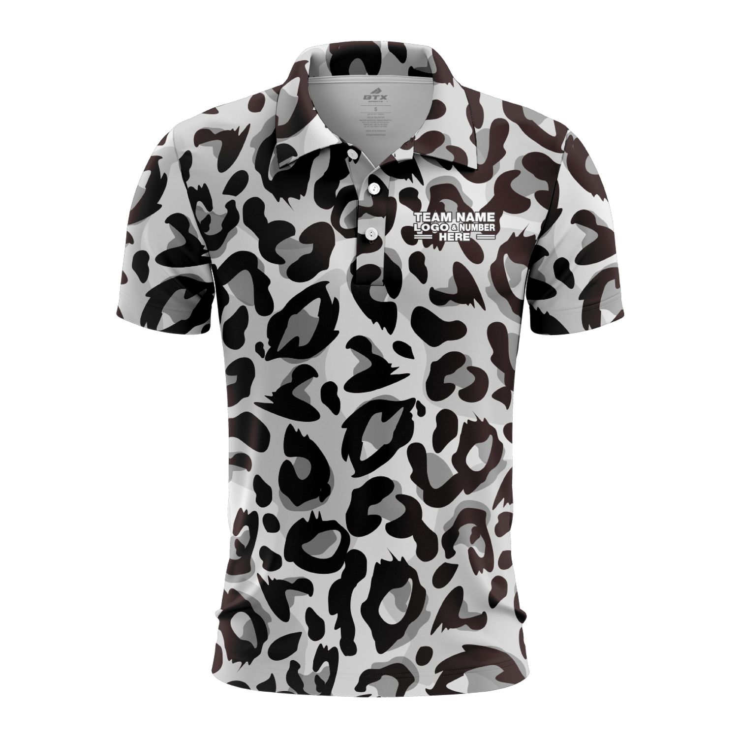 Custom Fully Sublimated Monochrome Leopard Animal Print Black White Performance Polo Shirt 5776