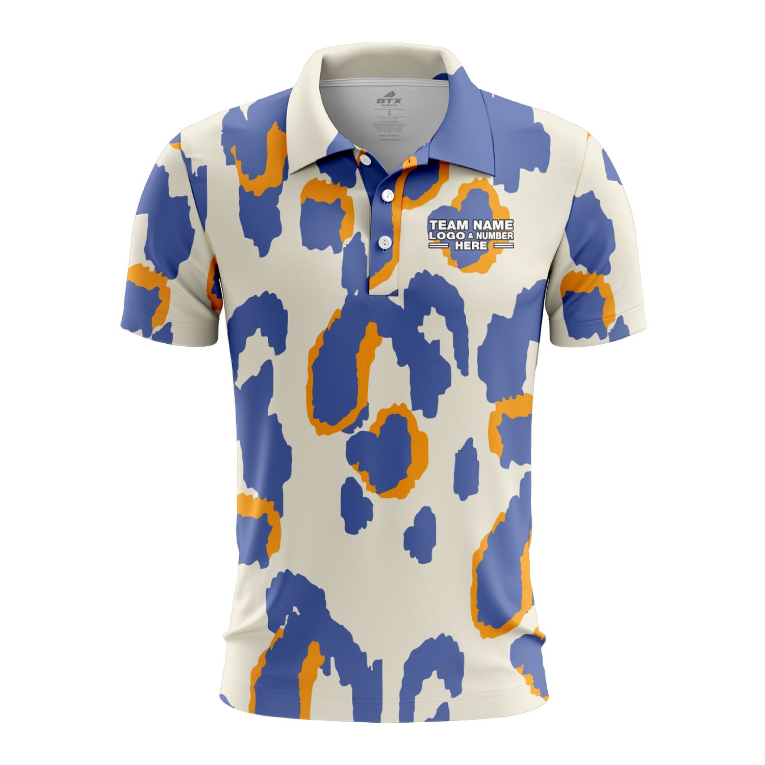 Custom Fully Sublimated Abstract Animal Print Two White Blue Orange Performance Polo Shirt 5797