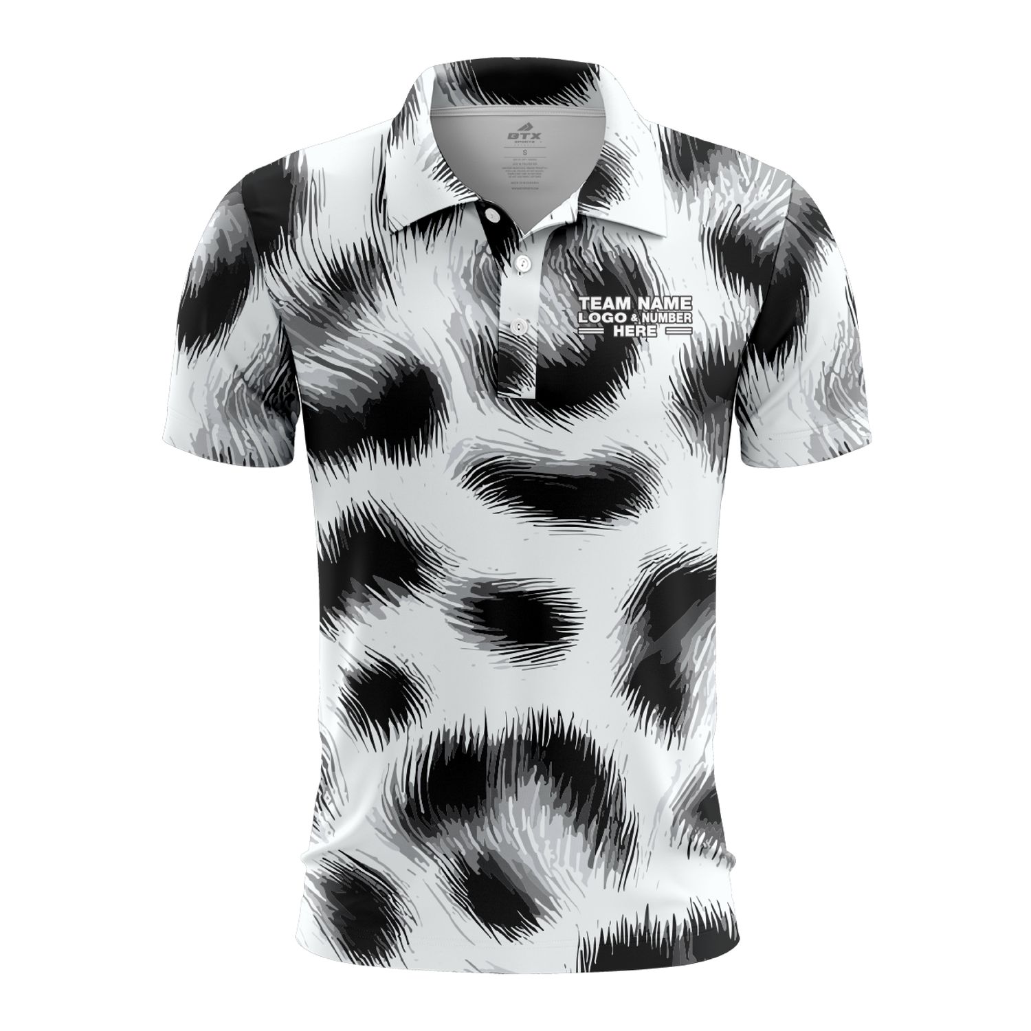 Custom Fully Sublimated Elegant Dynamic Animal Print Black White Performance Polo Shirt 5804