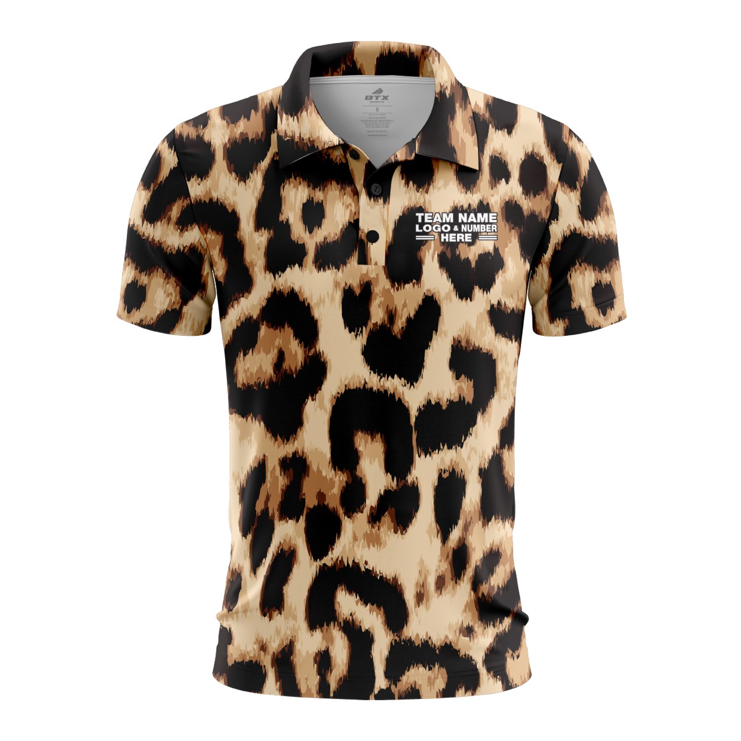 Custom Fully Sublimated Bold Leopard Animal Print Black White Gold Performance Polo Shirt 5811