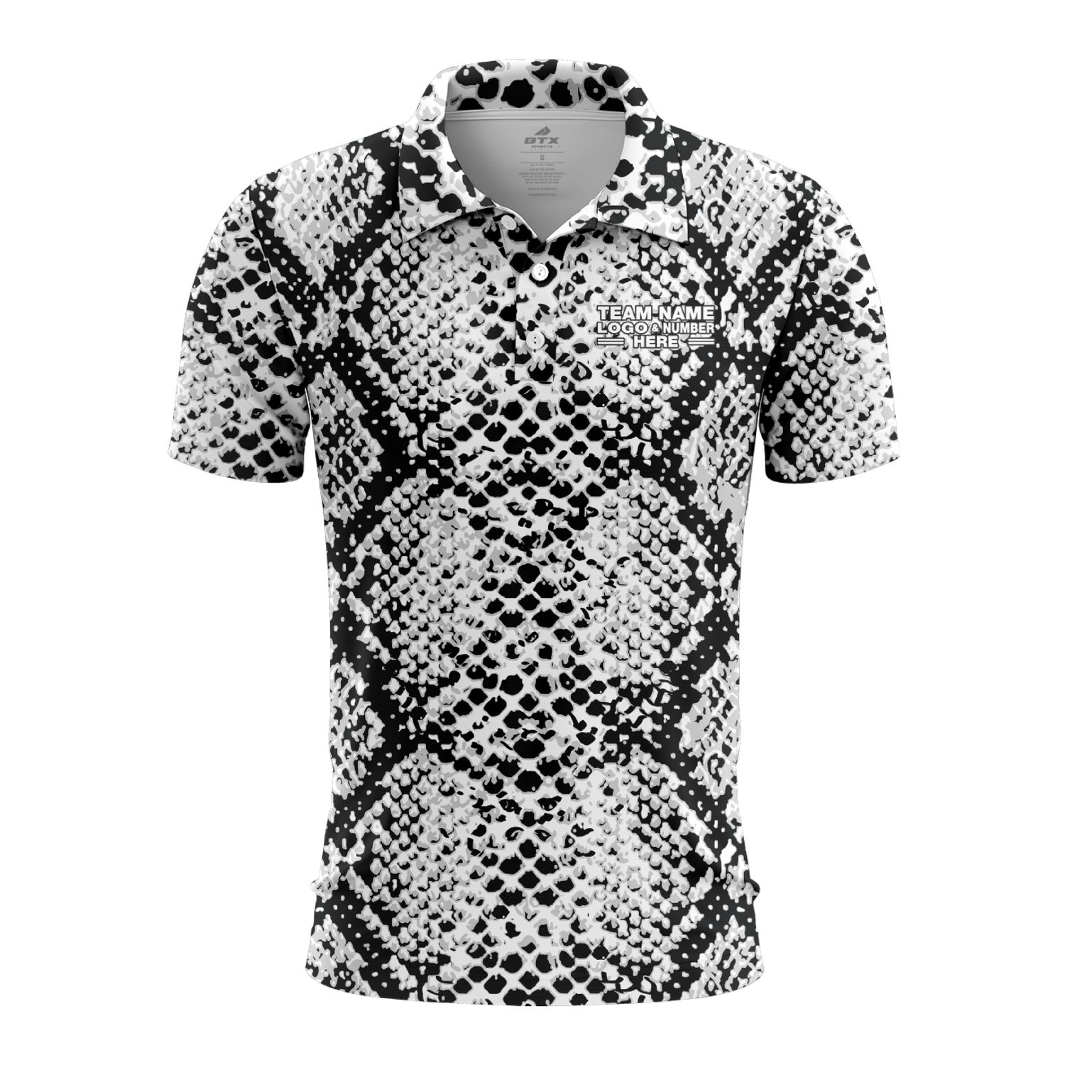 Custom Fully Sublimated Snake Animal Print Black White Performance Polo Shirt 5832