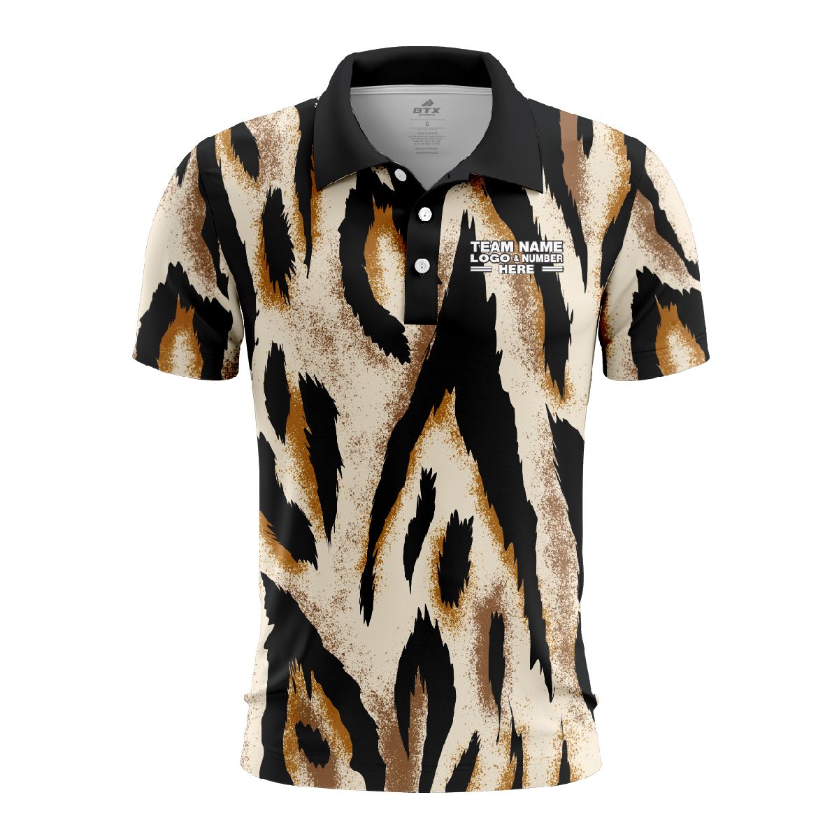 Custom Fully Sublimated Neon Tiger Skin Animal Print Black Brown Gold Performance Polo Shirt 5860