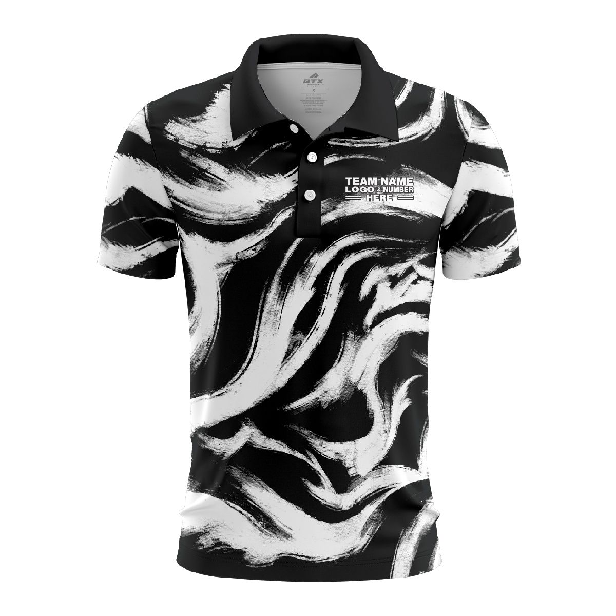 Custom Fully Sublimated Vibrant Monochrome Swirl Print Black White Performance Polo Shirt 5867