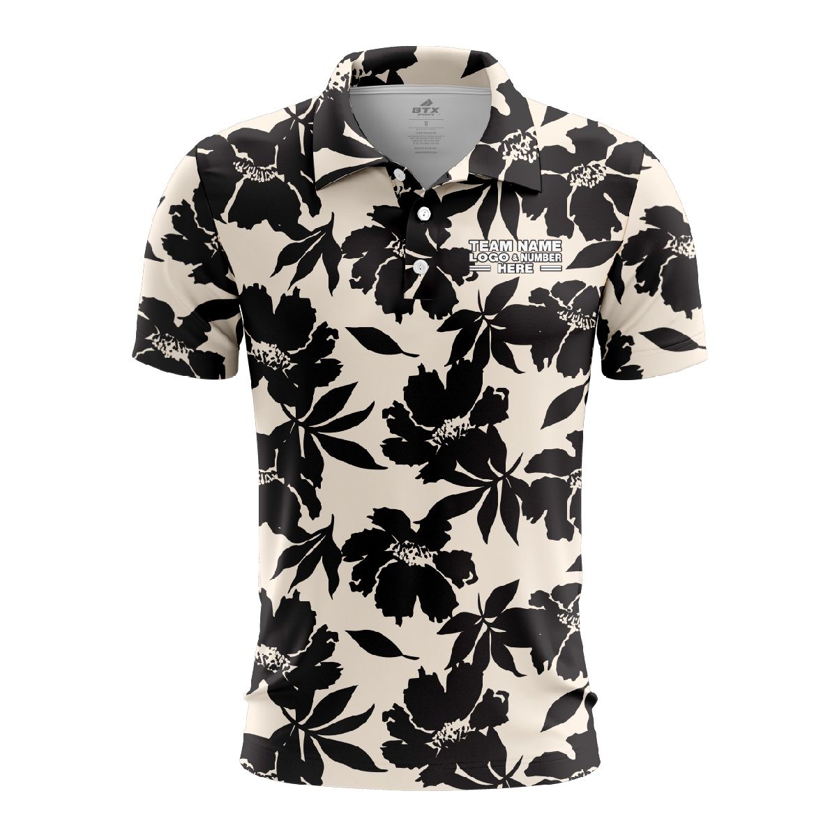 Custom Fully Sublimated Monochrom Floral Pattern White Black Performance Polo Shirt 5902