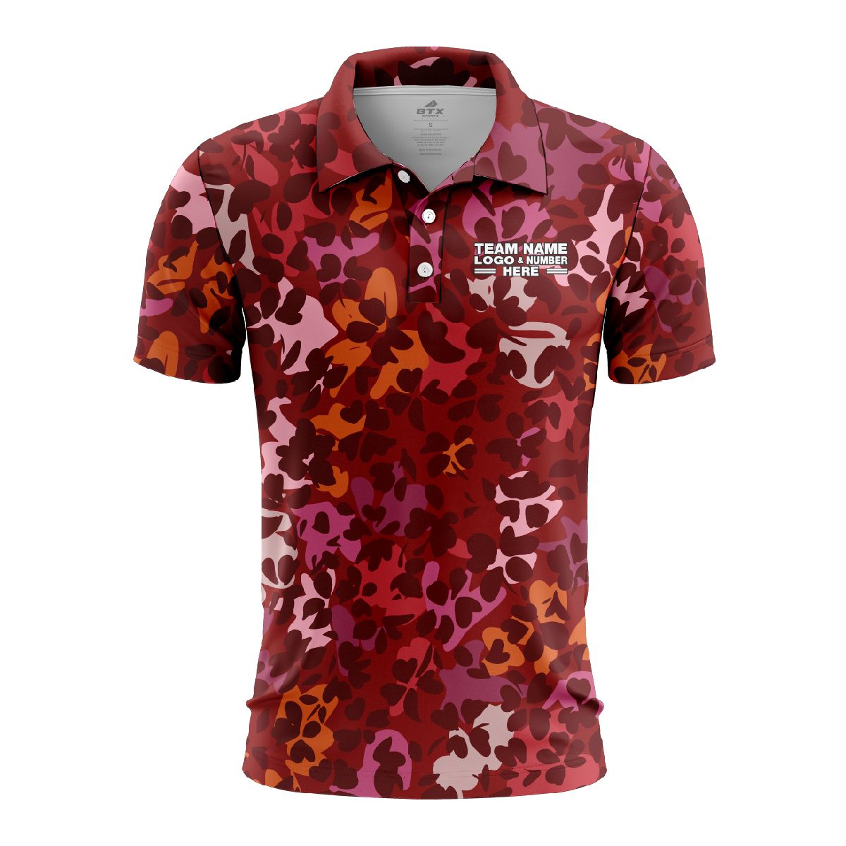 Custom Fully Sublimated Dynamic Floral Pattern Red Orange Pink Performance Polo Shirt 6000