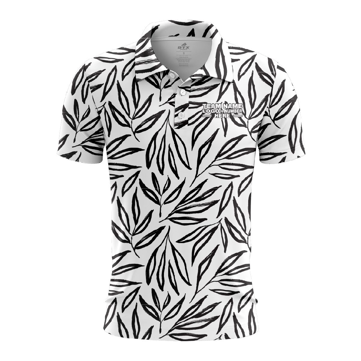 Custom Fully Sublimated Monochrome Botanical Floral Pattern White Black Performance Polo Shirt 6014