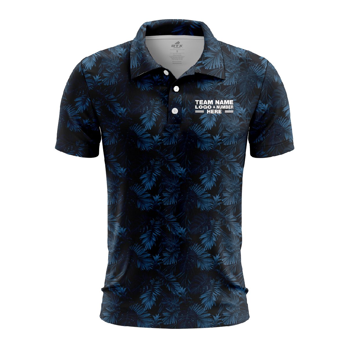 Custom Fully Sublimated Blue Foliage Floral Pattern Black Blue Performance Polo Shirt 6028