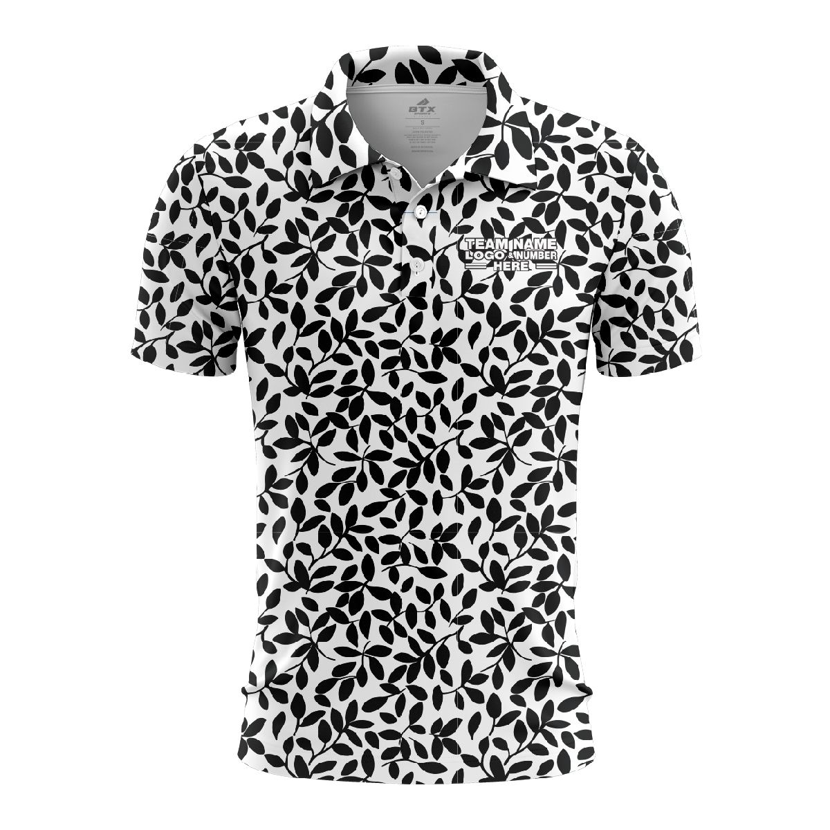 Custom Fully Sublimated Elegant Leaf Floral Pattern White Black Teal Performance Polo Shirt 6042