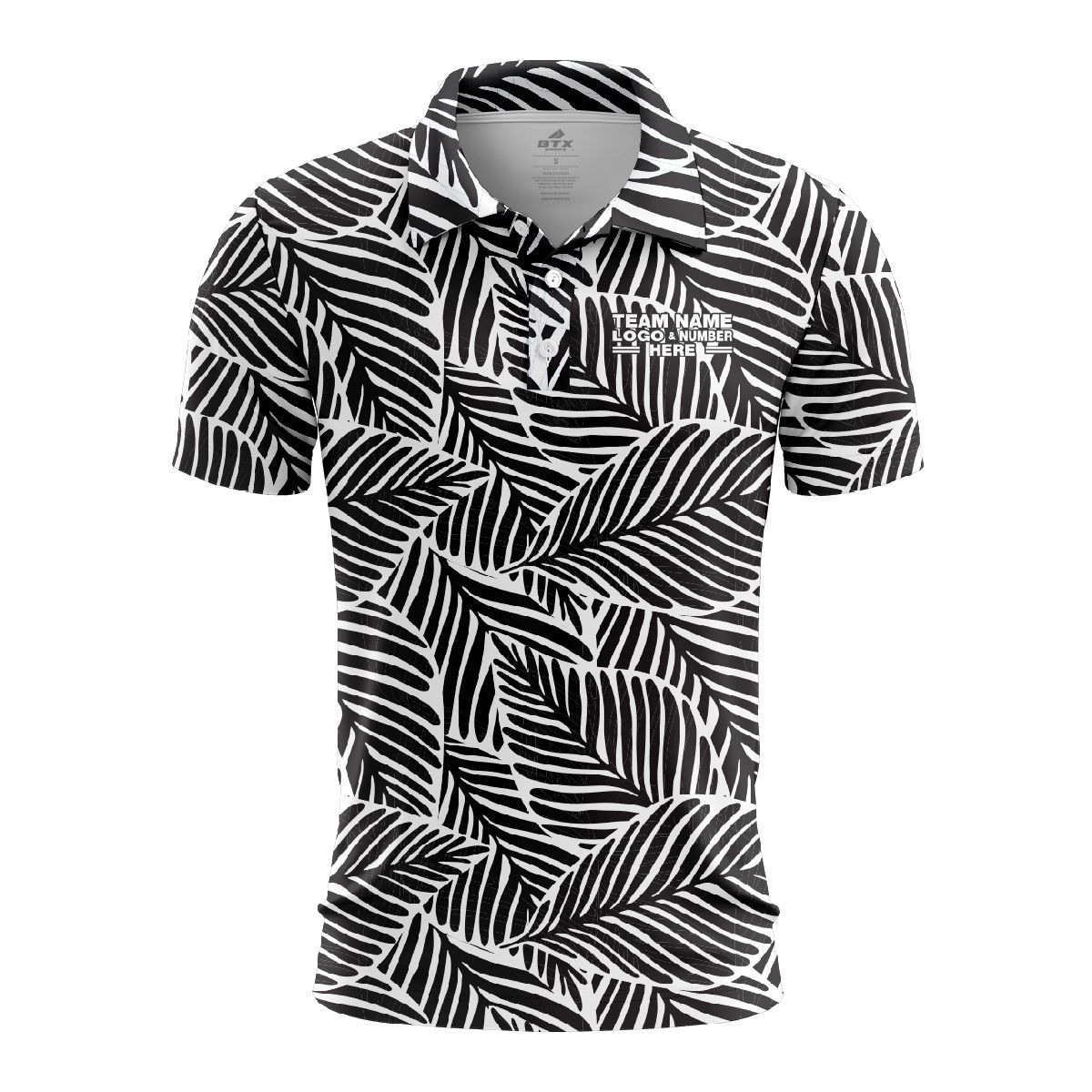 Custom Fully Sublimated Monochrome Botanical Floral Two Pattern White Black Performance Polo Shirt 6056