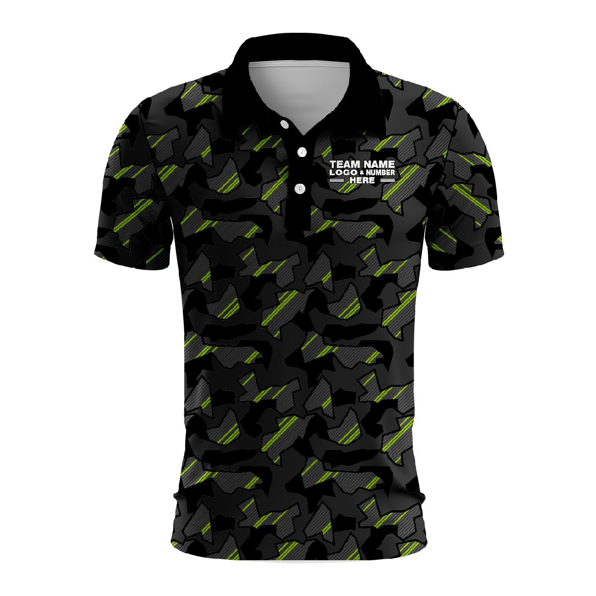 Custom Fully Sublimated Sports Camo Pattern Neon Green Black Performance Polo Shirt 6063