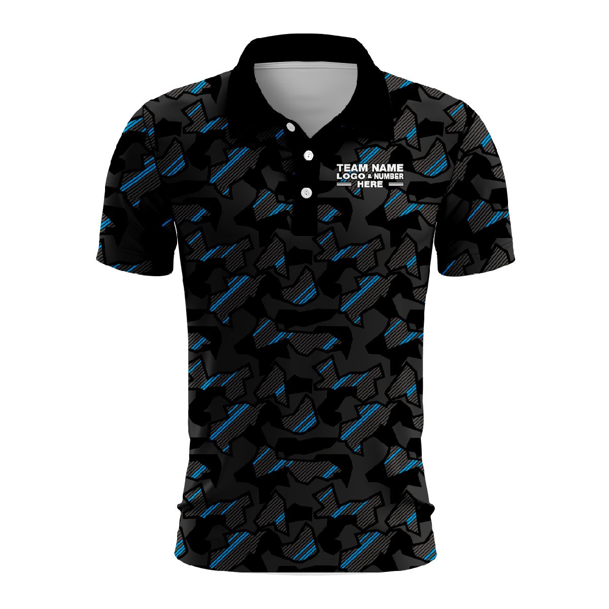 Custom Fully Sublimated Sports Camo Pattern Neon Blue Black Performance Polo Shirt 6077