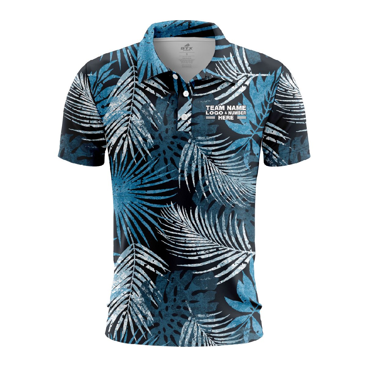 Custom Fully Sublimated Blue Foliage Floral Two Pattern Black Blue White Performance Polo Shirt 6084