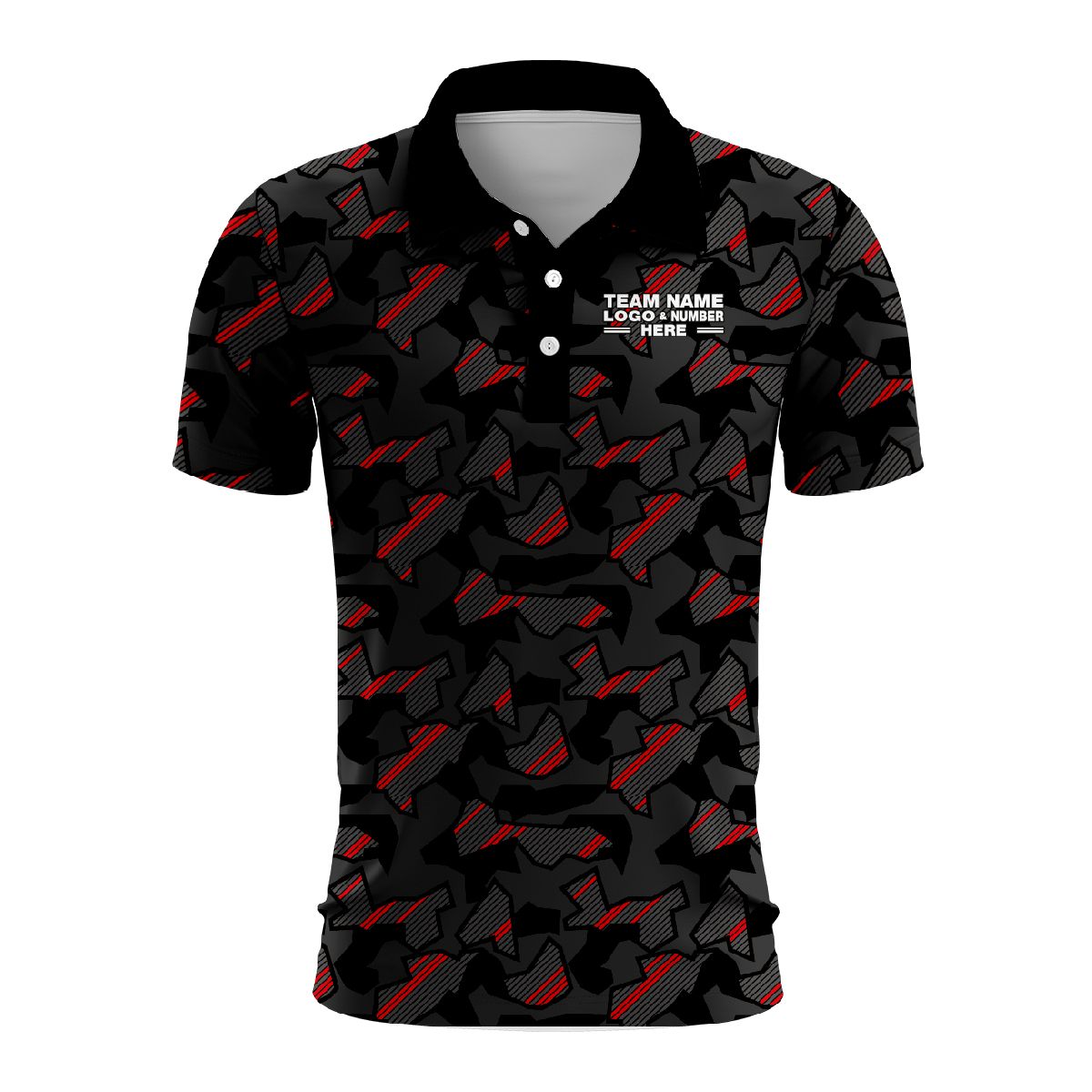 Custom Fully Sublimated Sports Camo Pattern Neon Red Black Performance Polo Shirt 6091