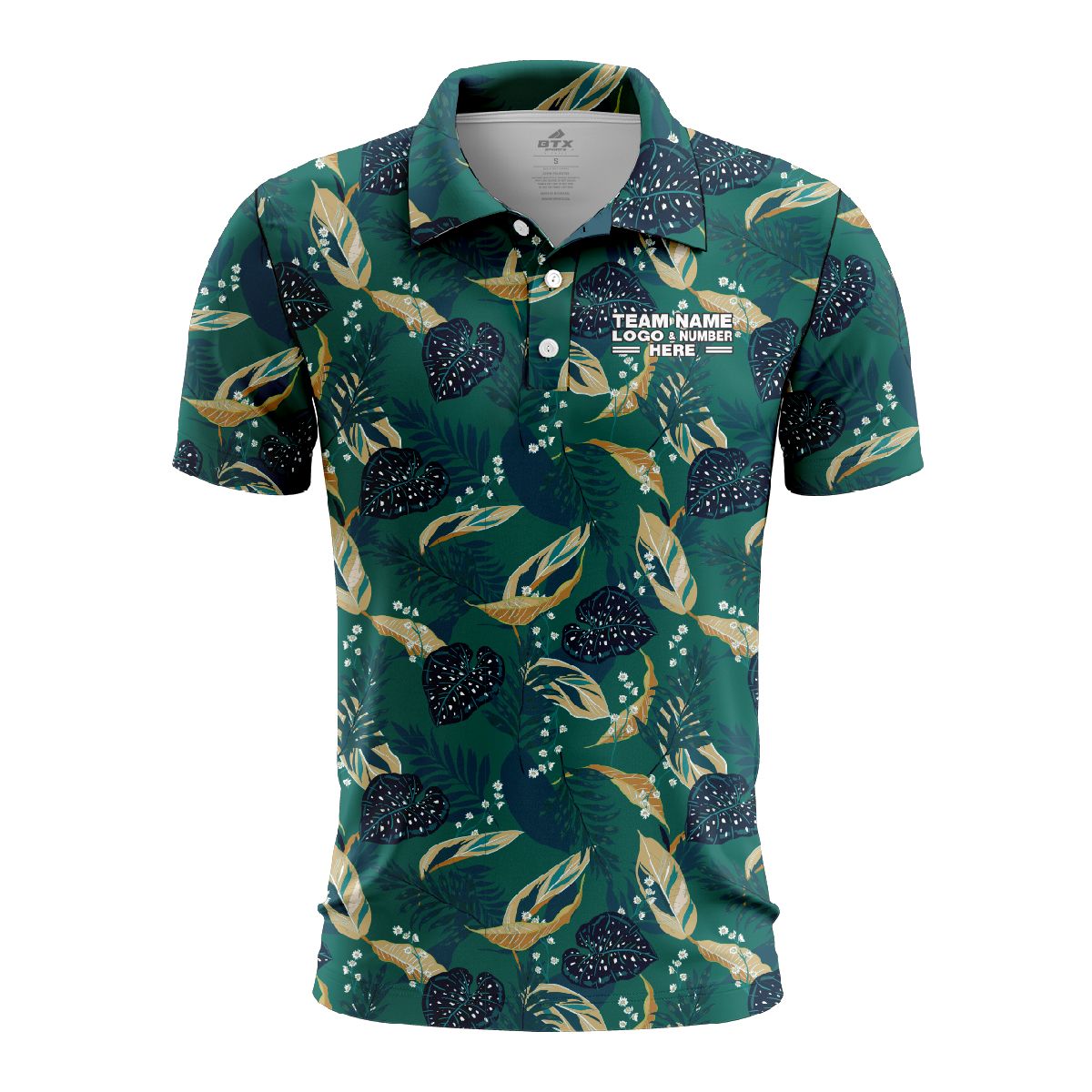 Custom Fully Sublimated Tropical Forest Floral Pattern Teal Blue Orange Performance Polo Shirt 6098