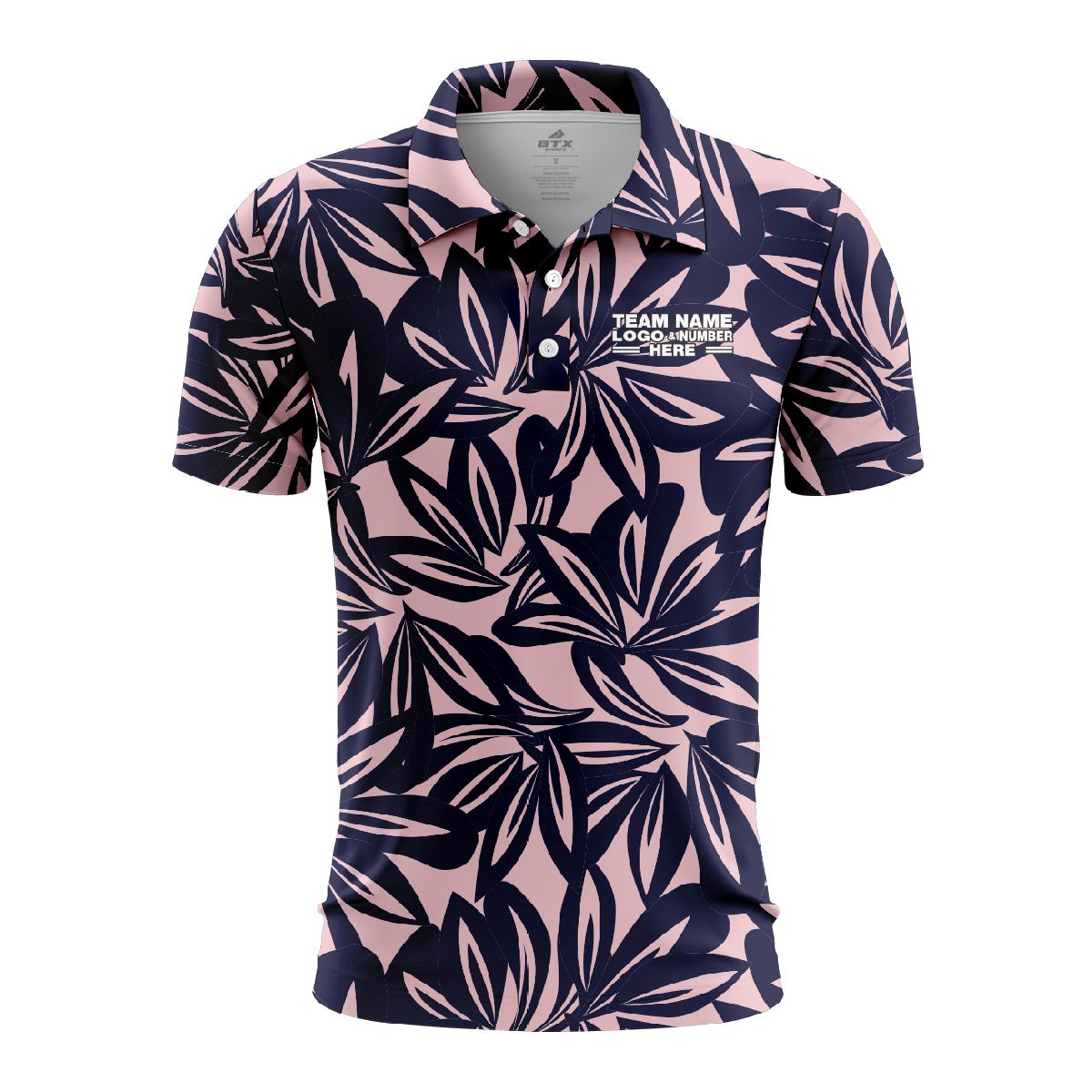 Custom Fully Sublimated Monochrom Floral Three Pattern Dark Blue Baby Pink Performance Polo Shirt 6070
