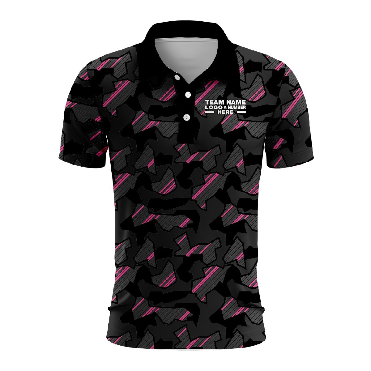 Custom Fully Sublimated Sports Camo Pattern Pink Black Performance Polo Shirt 6119