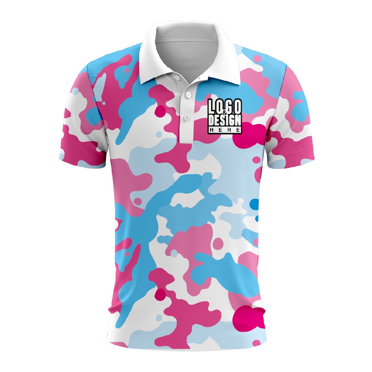 Custom Fully Sublimated Vibrant Camo Pattern Texture Sky Blue Pink Performance Polo Shirt 6148